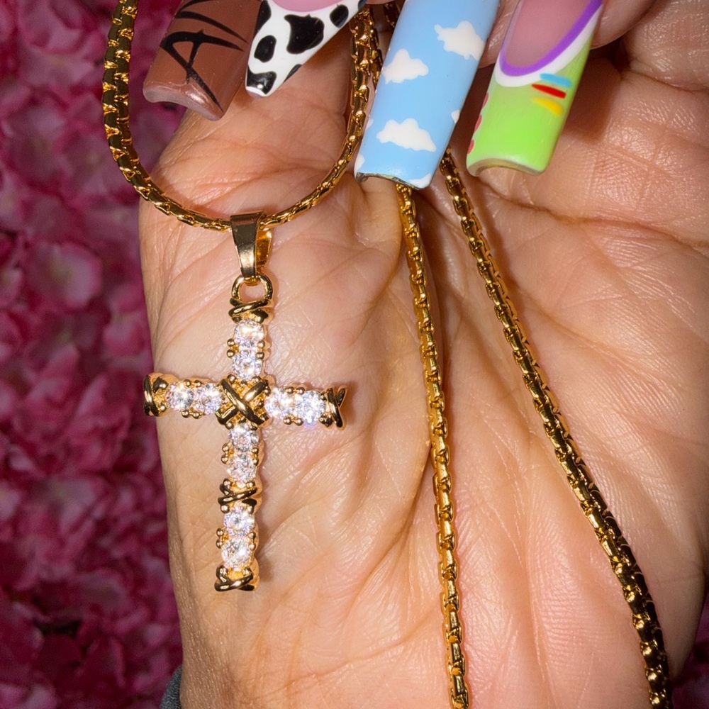 Gold Cross Pendant Necklace with Clear Stones - Women Jewelry